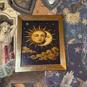 Vintage 90s Whimsygoth Celestial Sun, Moon, & Stars Framed Wall Art